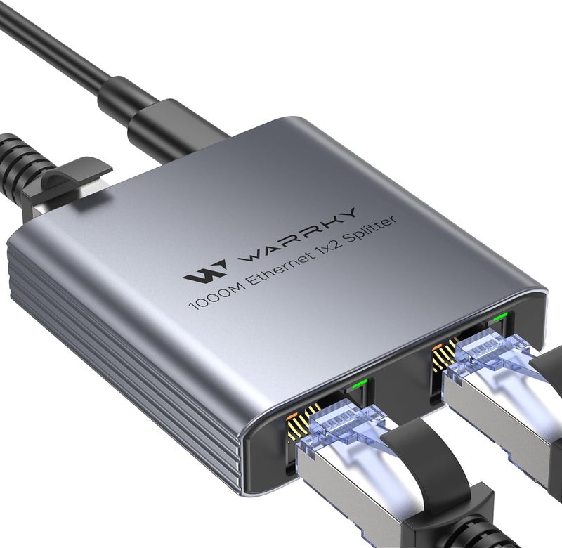 Warrky Ethernet Splitter 1 to 2, 1000Mbps High Speed LAN Splitter, [0.55inch Ultra Slim, Integrally Molded Aluminum Case] Gigabit Ethernet Switch 2 port with USB-C Power Cable, for Cat5/5e/6/7/8 Cable - Image 1
